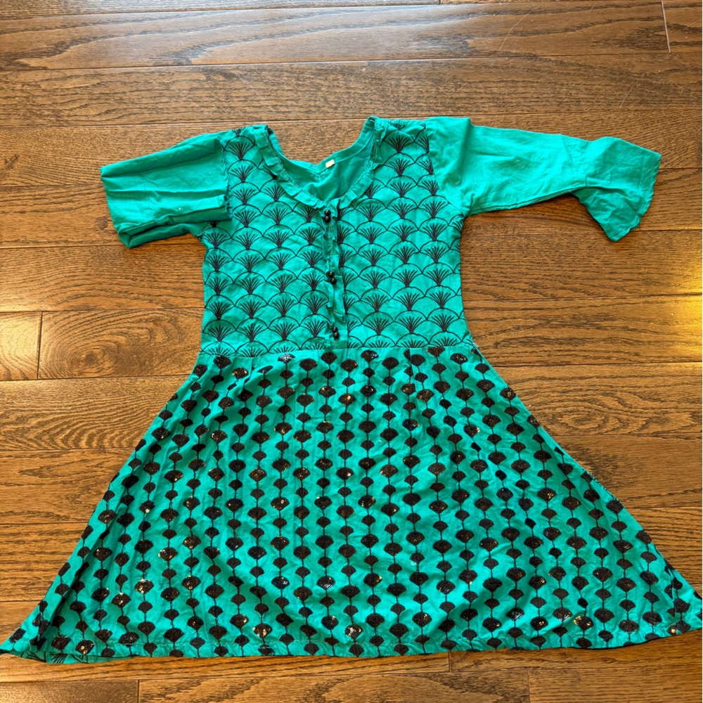 Teal & Black Patterned Fit-and-Flare Dress 6-7 age